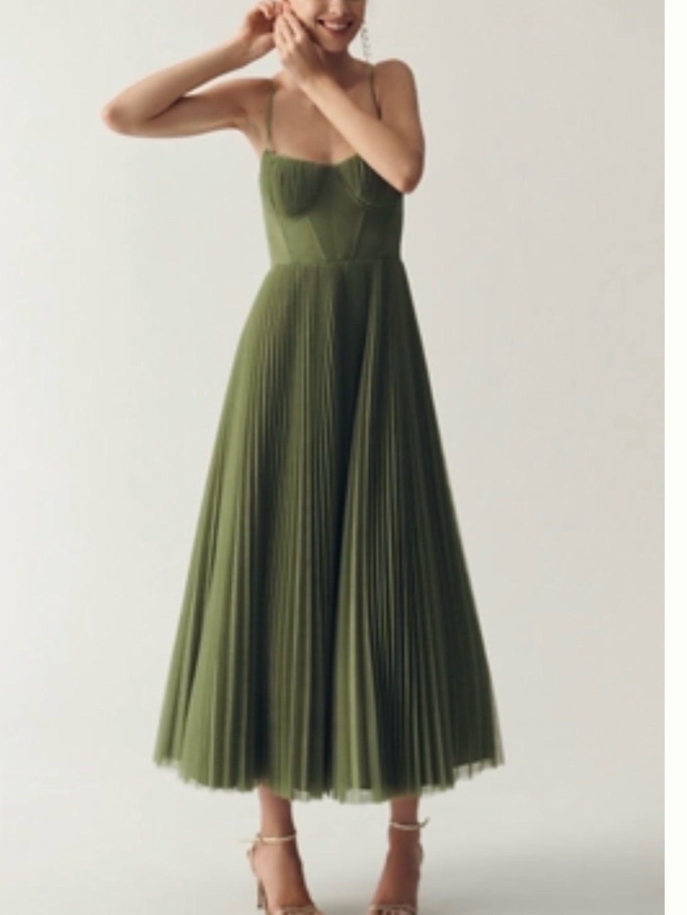 SAGE GREEN HUTCH AMARA CORSET PLEATED TULLE FIT & FLARE MIDI DRESS